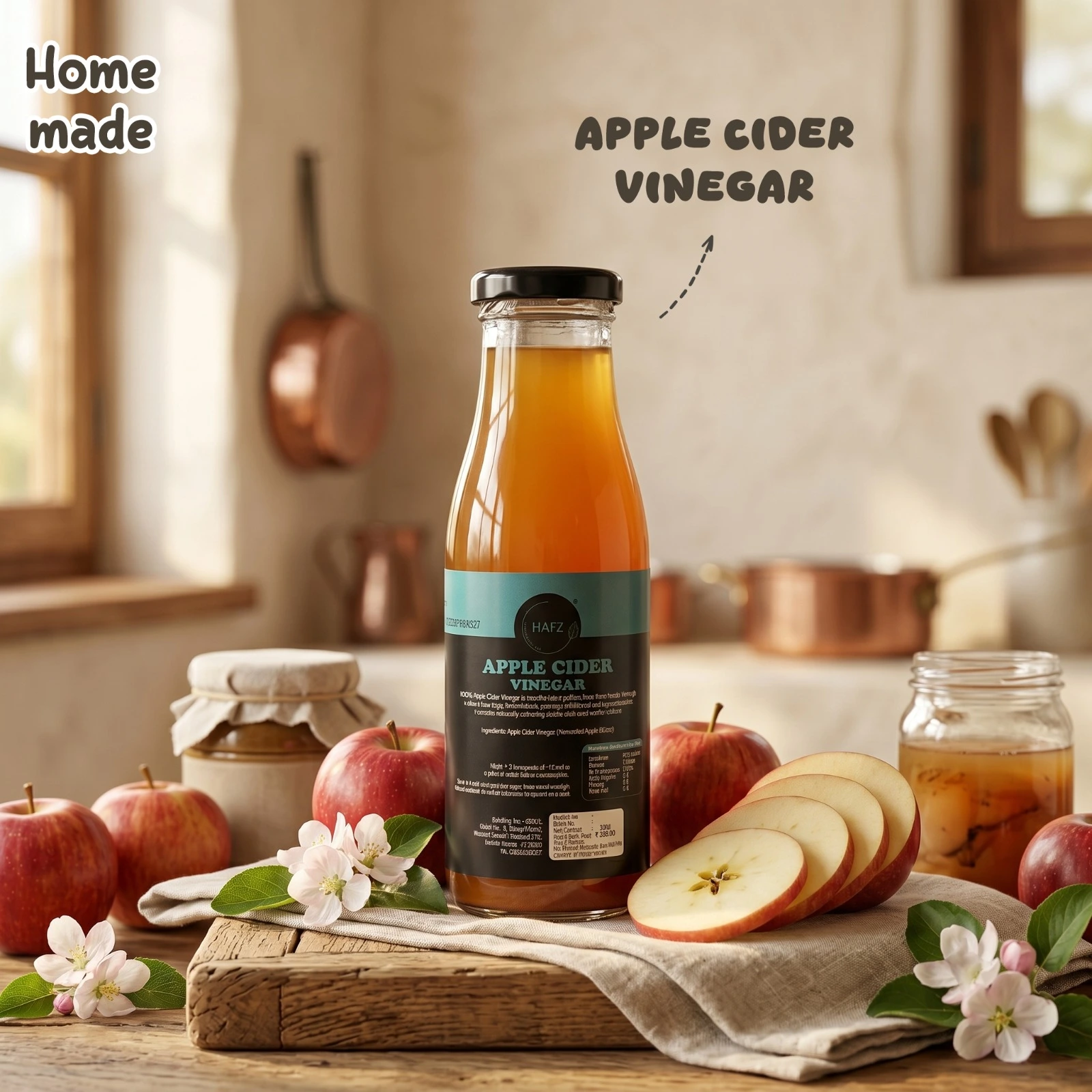 A glass bottle of HAFZ Apple Cider Vinegar with a black cap and teal-and-black label, filled with amber-colored raw liquid, showcased on a rustic wooden board in a warm kitchen setting. The bottle is surrounded by fresh red apples, a sliced apple fanned out, delicate white apple blossoms, and glass jars of preserves in a soft-focus background.