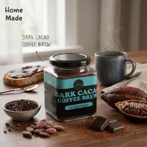 A square glass jar of HAFZ Dark Cacao Coffee Brew with a black lid and a teal-and-black label indicating "No Added Sugar," filled with fine dark cocoa coffee powder. The jar rests on a wooden table surrounded by raw cacao beans, a small ceramic bowl of cacao nibs, dark chocolate squares, an open cacao pod, a slice of bread with chocolate spread, and a steaming blue ceramic coffee mug in the background.