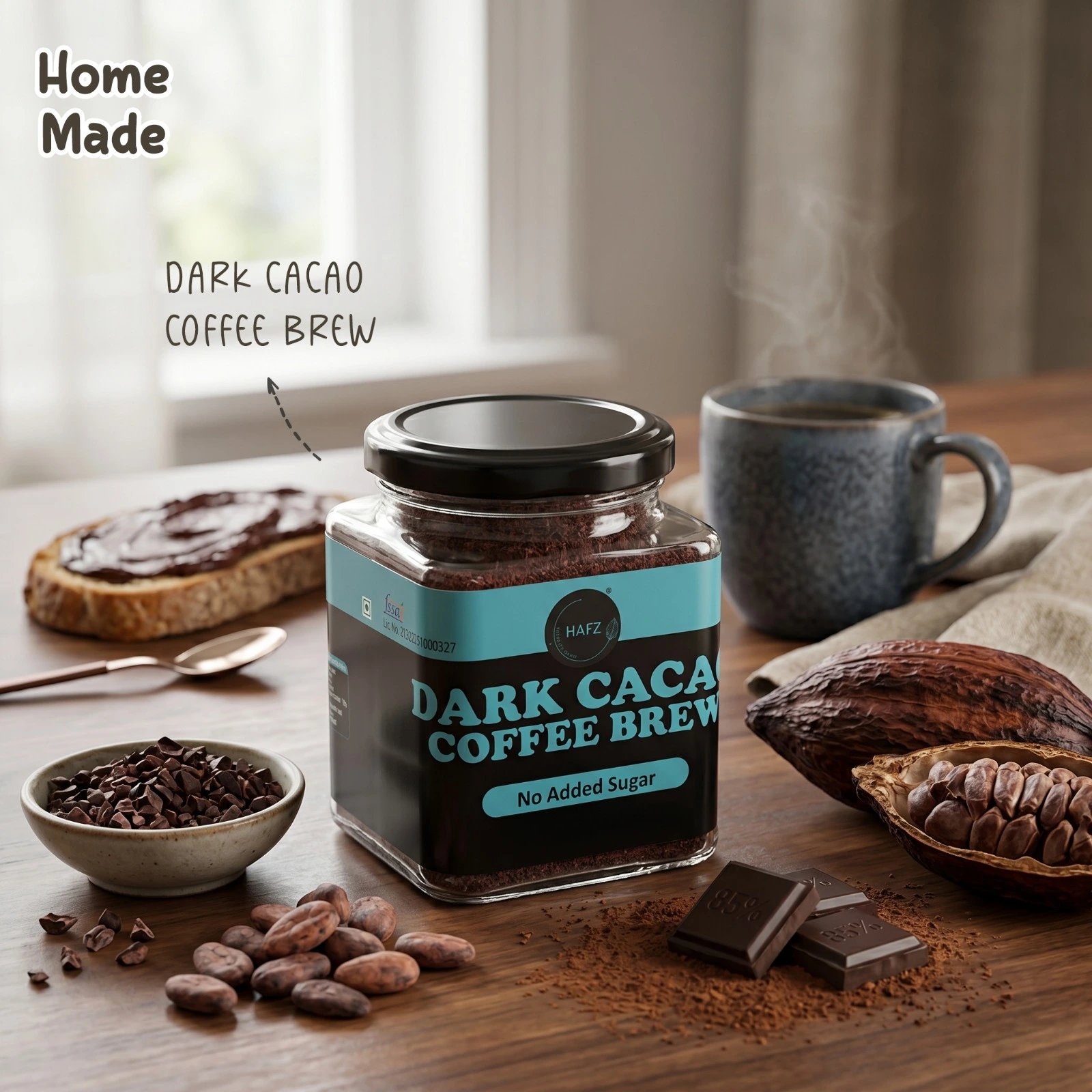 A square glass jar of HAFZ Dark Cacao Coffee Brew with a black lid and a teal-and-black label indicating "No Added Sugar," filled with fine dark cocoa coffee powder. The jar rests on a wooden table surrounded by raw cacao beans, a small ceramic bowl of cacao nibs, dark chocolate squares, an open cacao pod, a slice of bread with chocolate spread, and a steaming blue ceramic coffee mug in the background.