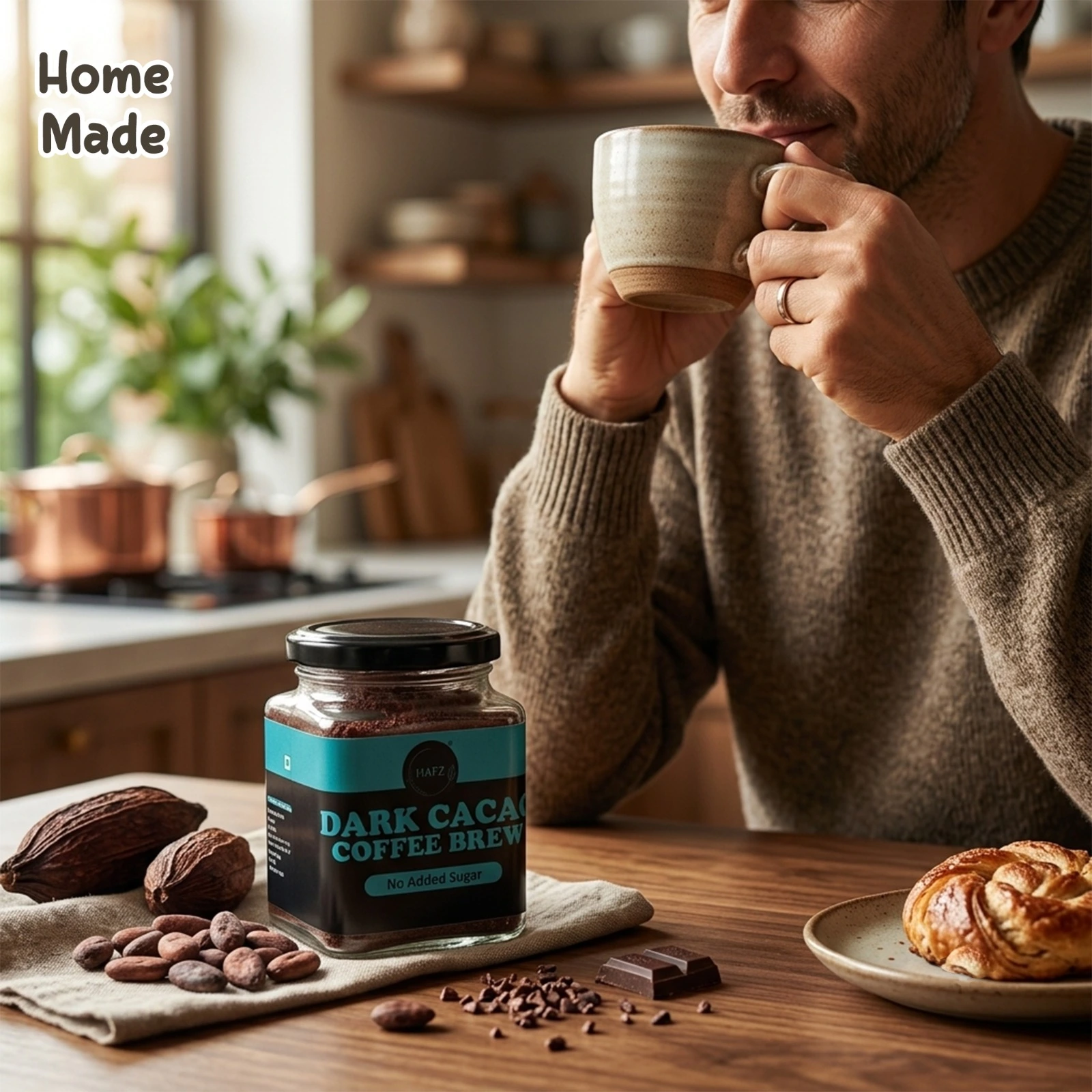 A man in a brown knit sweater sitting at a wooden dining table, smiling while sipping from a rustic ceramic mug. On the table sits a glass jar of HAFZ Dark Cacao Coffee Brew with a teal label, a pile of raw cacao beans on a linen cloth, scattered cacao nibs, dark chocolate squares, and a freshly baked cinnamon roll pastry on a ceramic plate, all set against a warm, sunlit kitchen background.