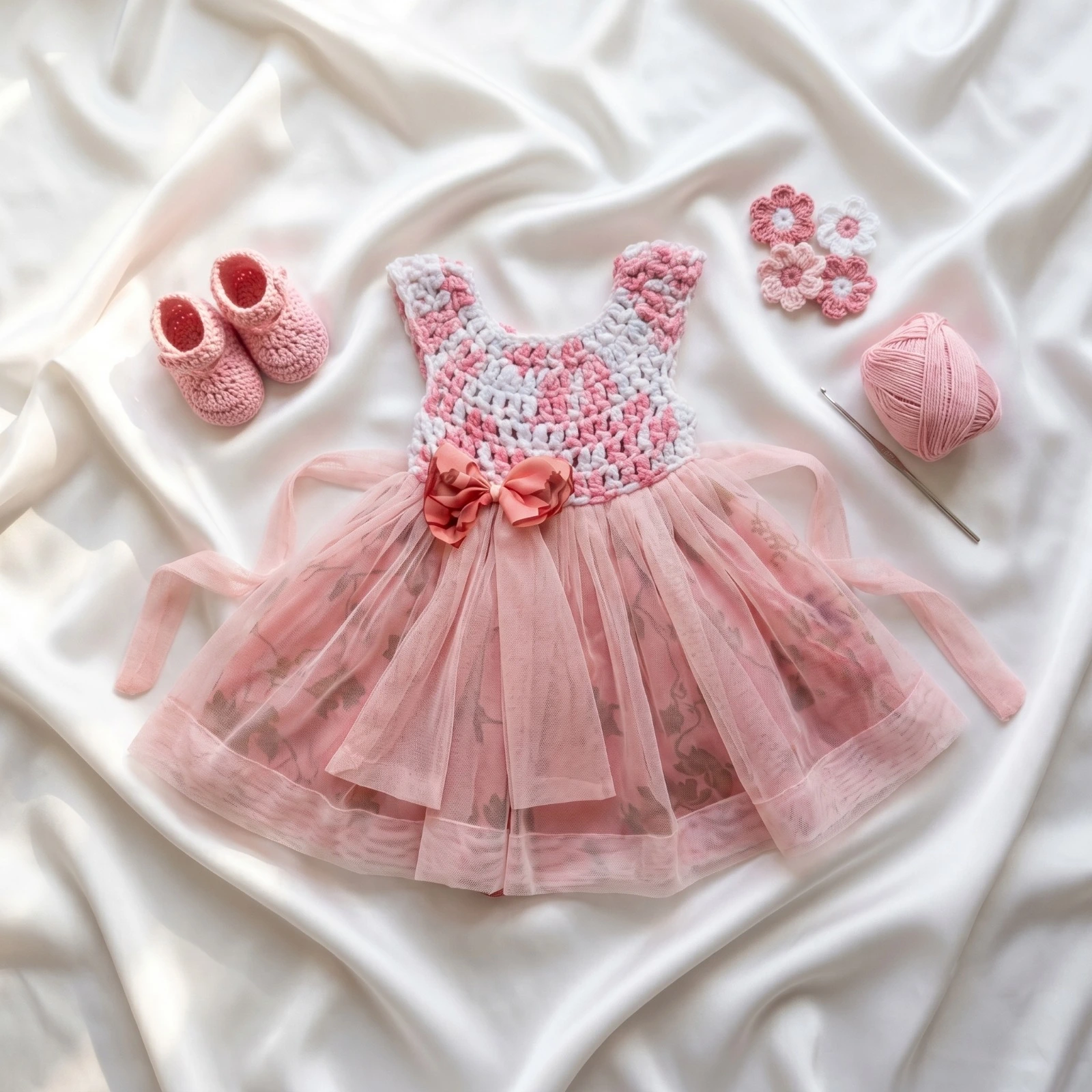 A premium handcrafted infant frock by Puffy Cheeks flat-laid on a shimmering white silk fabric, showcasing a pink and white thick-knit crocheted bodice with a peach fabric bow at the waist and a layered light pink tulle skirt with subtle gold leaf patterns, positioned alongside matching pink crocheted baby booties, a ball of pink yarn with a crochet hook, and small pink and white crocheted flower accents.