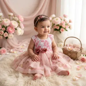A smiling baby girl sitting on a plush white faux fur rug, wearing a Puffy Cheeks premium baby frock featuring a beautifully textured pink and white hand-crocheted bodice with a dusty rose fabric bow at the waist and a layered light pink tulle skirt decorated with shiny gold floral foil details, accessorized with a matching pink rosebud headband in a soft-focus studio setting filled with pink roses and a small woven flower basket.