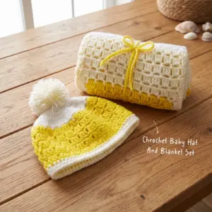 A handcrafted crochet baby hat and blanket set by Puffy Cheeks displayed on a wooden table. The set includes a yellow and white thick-knit beanie with a white yarn pom-pom on top and a folded matching crochet baby blanket tied neatly with a yellow yarn bow, with sea shells scattered softly in the background.
