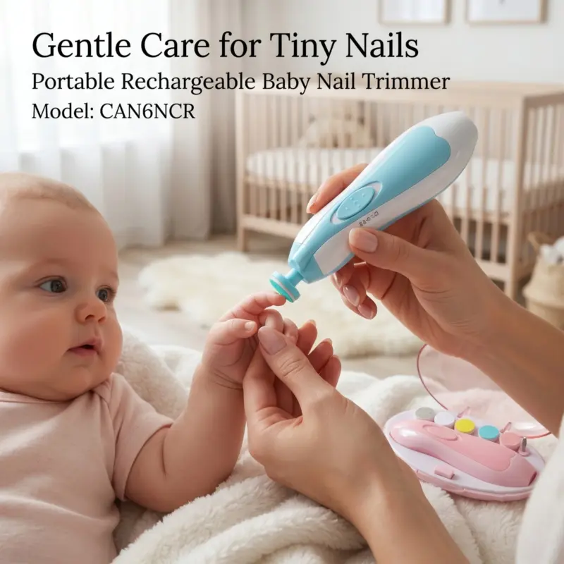 An informational graphic from Tortokart showing a mother gently grooming a baby's fingernails using a light blue and white electric baby nail trimmer. The image features text overlay that reads "Gentle Care for Tiny Nails" and "Portable Rechargeable Baby Nail Trimmer Model: CAN6NCR," with an open pink storage case containing multiple colored filing heads resting nearby on a soft white blanket in a cozy nursery.